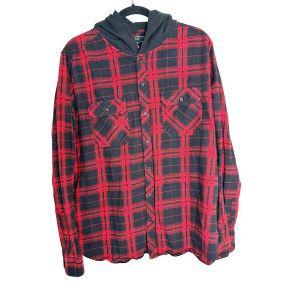 Forever 21 Red and Black Plaid Hooded Button-Up Shirt - Picture 4 of 8